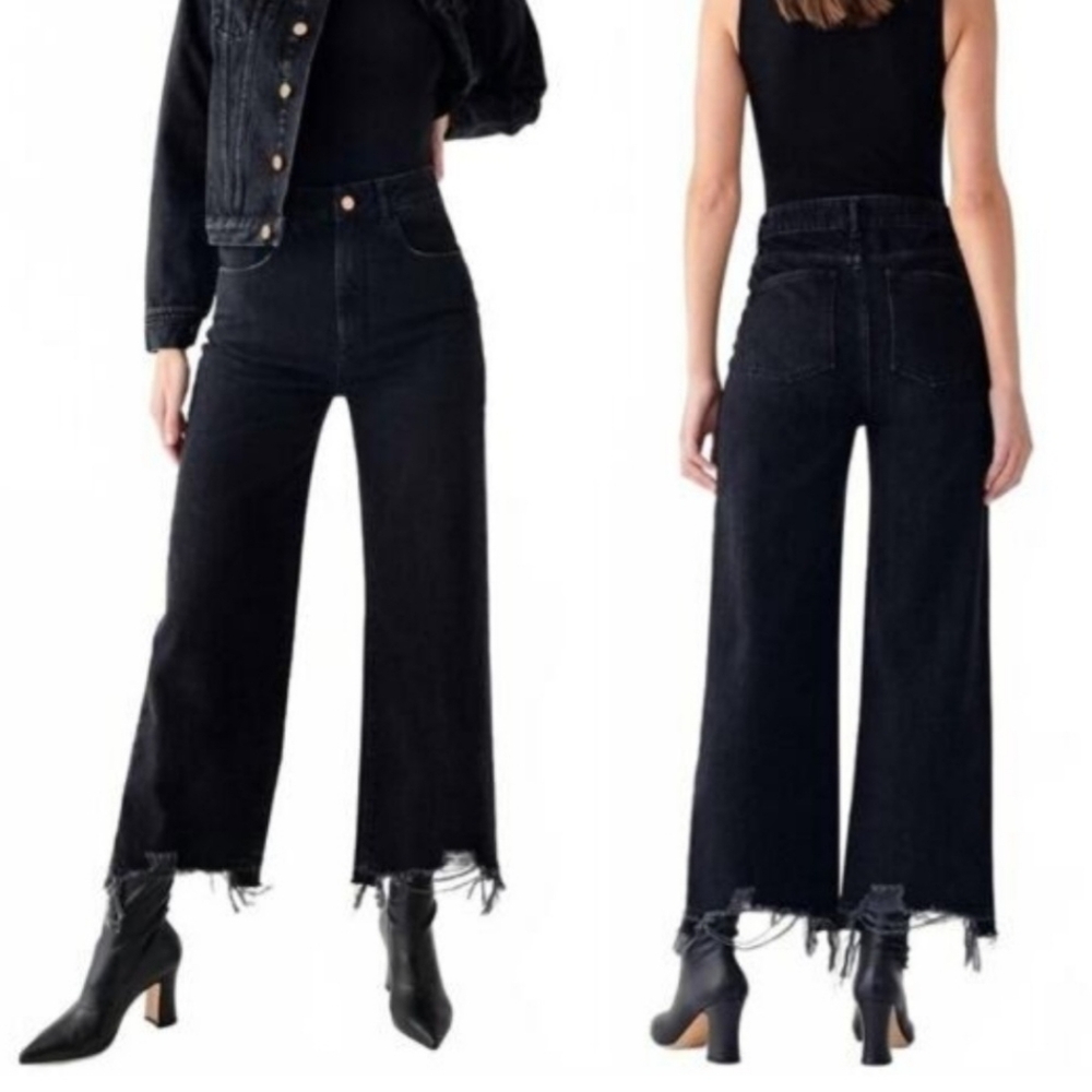 DL1961 Black High-Rise Wide Leg Raw Hem Jeans